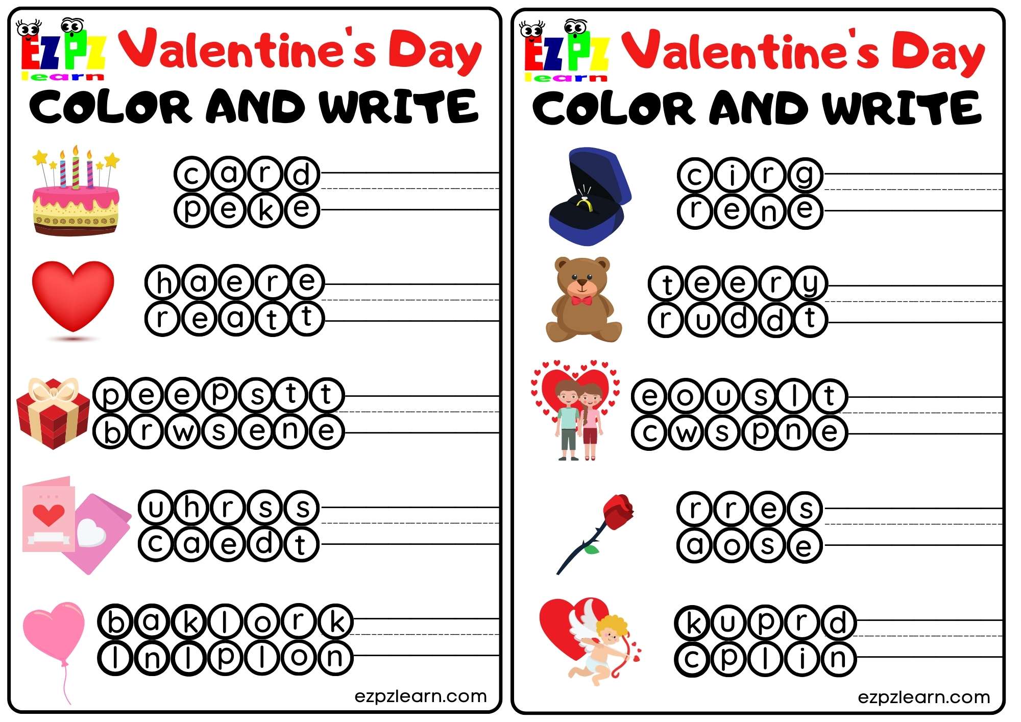 Valentine's Holiday Color and Write. Free PDF Download